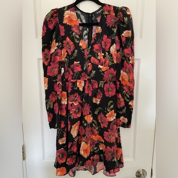 The Kooples Silk Black Pink Orange Floral Long Sleeve Button Formal Ruffle Dress - Picture 4 of 16